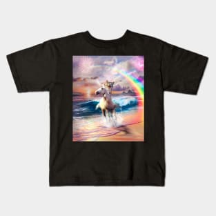 Cat Riding Unicorn Wearing Sunglasses, Beach Rainbow Funny Kids T-Shirt